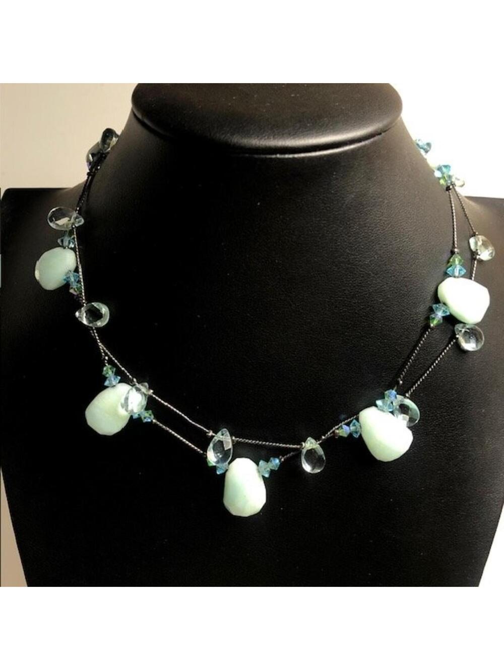 B0792 DABBY REID Double Strand Necklace Aquamarine Teardrop Crystals 18"